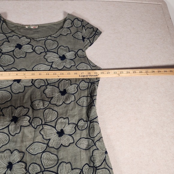 Puro Lino Linen Floral Embroidered Dress Sleeveless Casual Olive Green - Picture 5 of 7